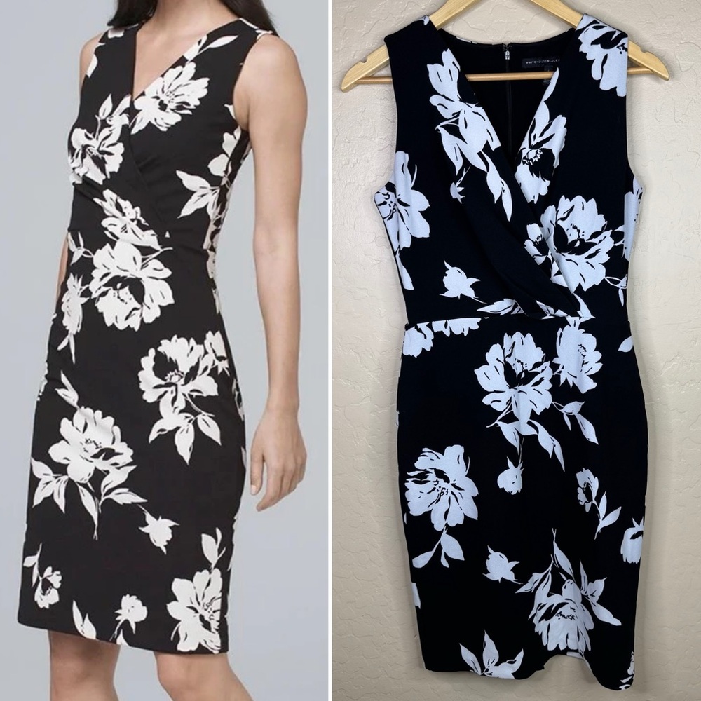 Black and White Floral Faux Wrap Dress